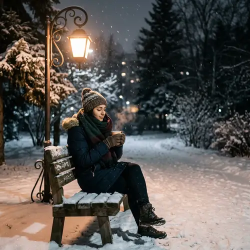 Middle-Eastern Character Sitting on Bench under Street Lamp in Winter