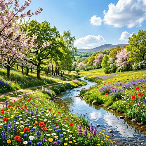 Beautiful Spring Nature Scene with Colorful Flowers