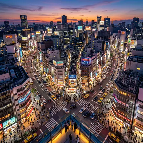 Bustling Cityscape at Dusk - Urban Life in Orange and Purple Hues