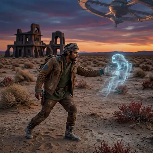 Futuristic South Asian Man Capturing Translucent Creature on Desolate Plain