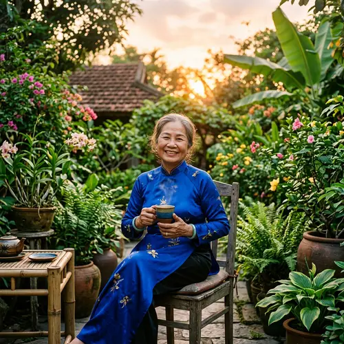 Tranquil Moment: Vietnamese Woman in Blue Áo Dài Savoring Tea in Garden