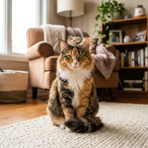 Fluffy Domestic Cat with Vibrant Green Eyes in Calico Design