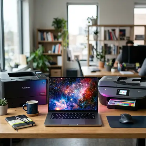 High-Resolution Starry Laptop Display with Modern Printers