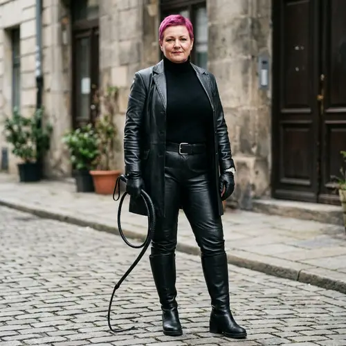 Confident Female Dominatrix in Leather Outfit