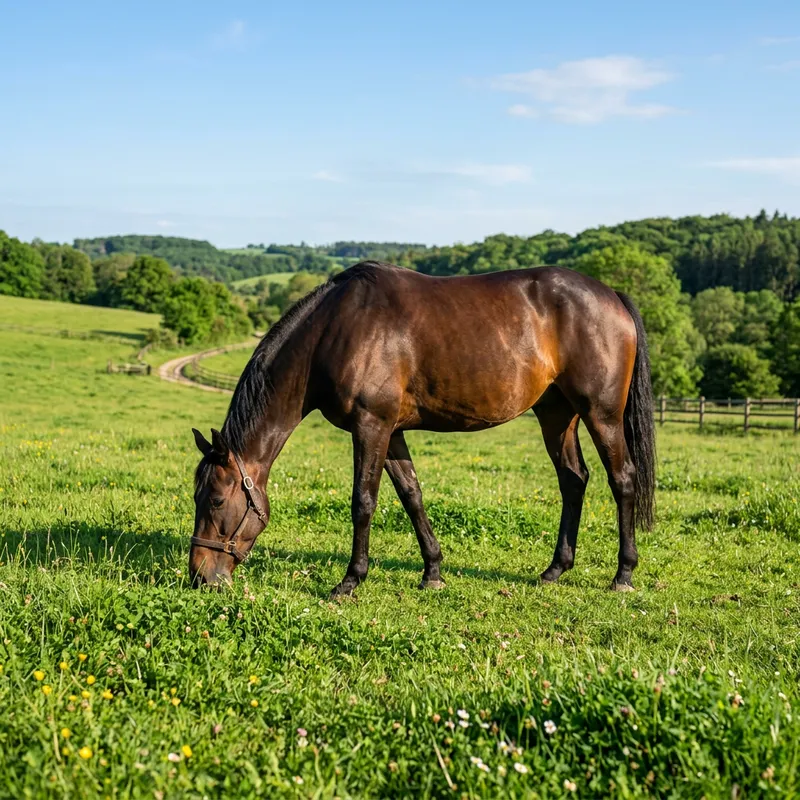 Realistic Horse Grazing in Verdant Green Meadow