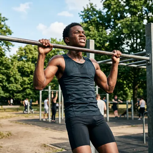 Powerful African-American Teenager Training at Outdoor Gym
