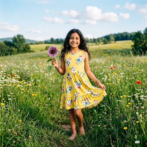 Young Hispanic Girl in Yellow Dress with Sunflower in Meadow