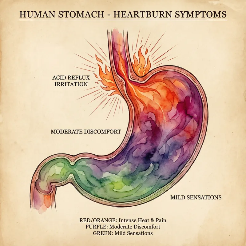 Vibrant Illustration of Human Stomach with Heartburn in Green, Purple, and Red
