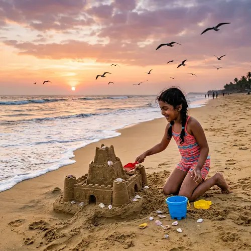 Young Girl Building Sandcastle on Beach at Sunset