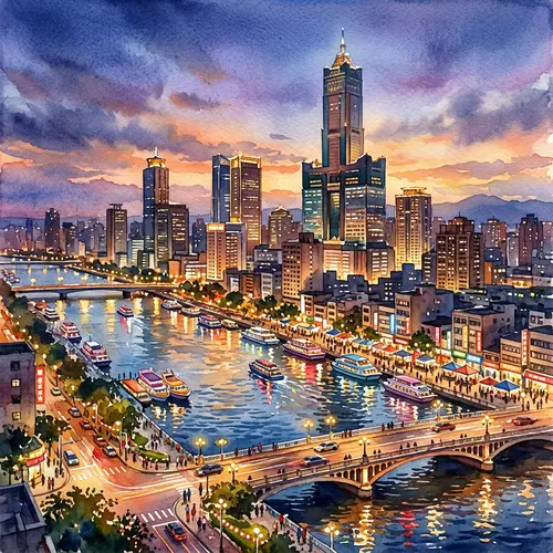 Kaohsiung Vibrant Cityscape Watercolor Art
