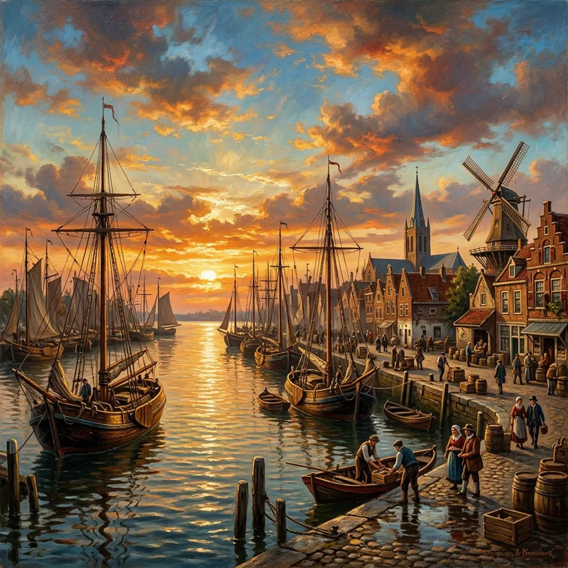 Serene Dutch Harbor Sunset | Vibrant Colors & Masterful Brushstrokes Serene Dutch Harbor Sunset | Vibrant Colors & Masterful Brushstrokes