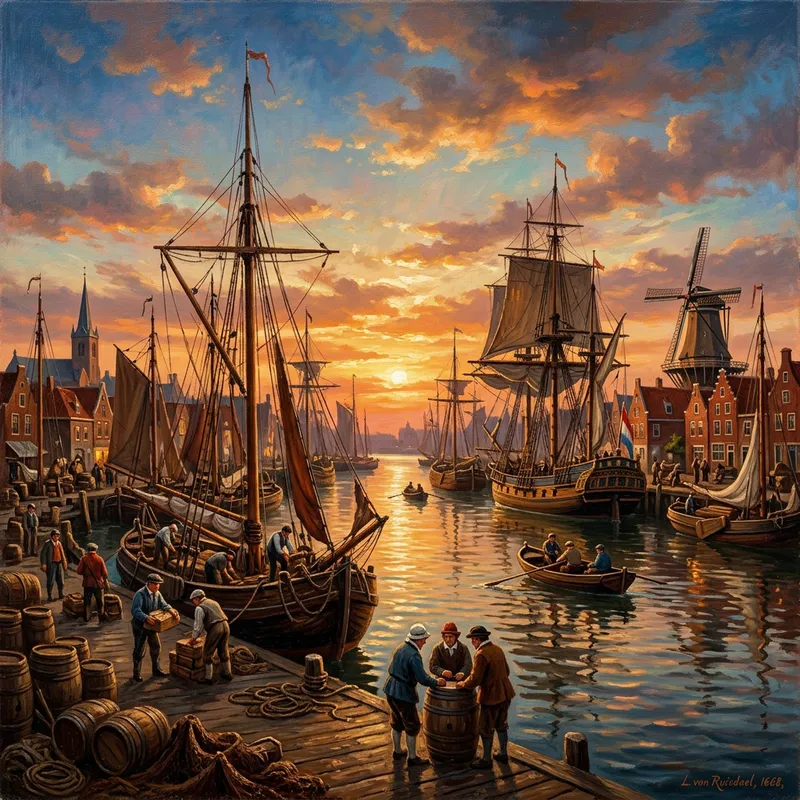 Serene Dutch Harbor at Sunset - Vibrant Colors & Brushstrokes