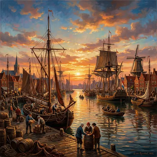 Serene Dutch Harbor at Sunset | Vibrant Colors & Brushstrokes