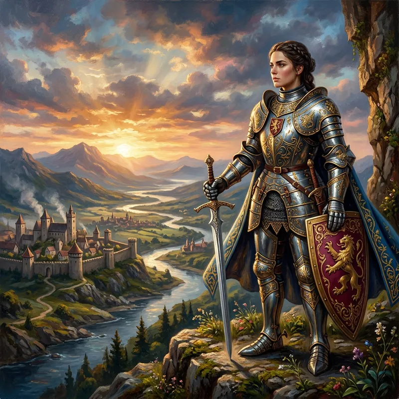 Valiant Female Knight in Gleaming Armor Stands at the Precipice Valiant Female Knight in Gleaming Armor Stands at the Precipice