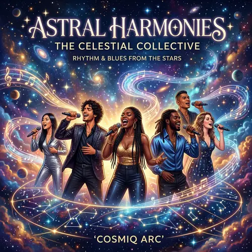 Celestial R&B Album Cover with Diverse Singers on Cosmic Stage