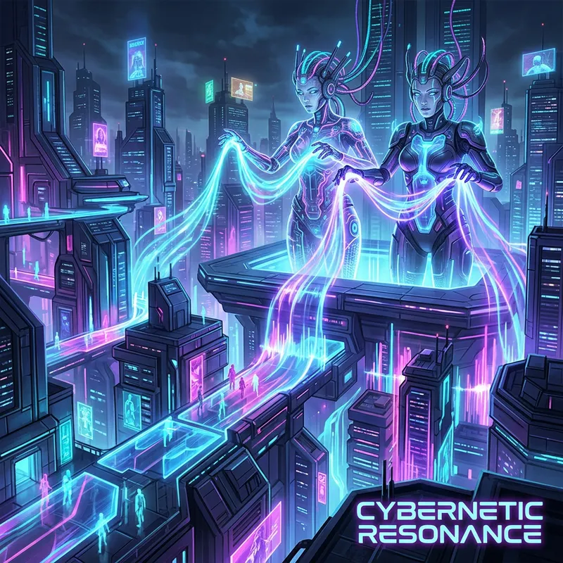 Neon Soundwaves: Cybernetic Metropolis in EDM Artwork