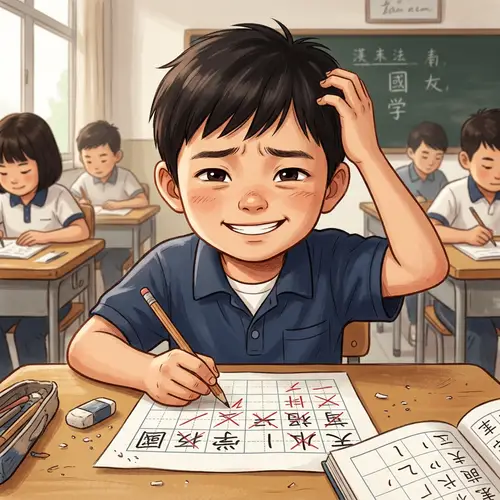 Young Asian Boy Smiling despite Frustration