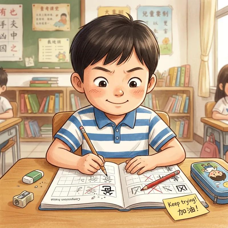 Asian Boy Highlight Differences in Chinese Characters Writing Skills