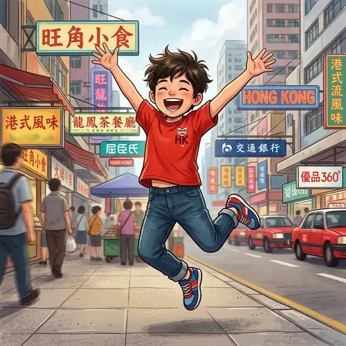 Young Hong Kong Boy Illustration in Red T-shirt & Blue Jeans