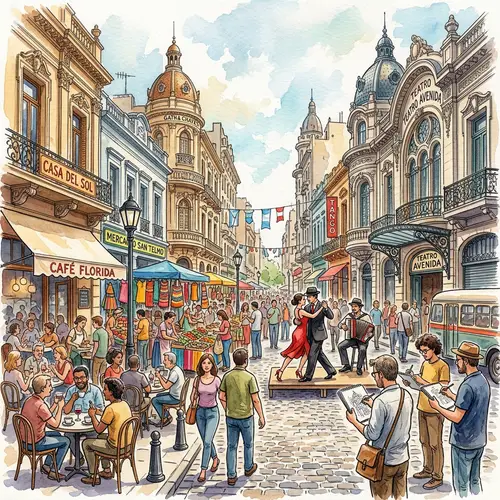 Buenos Aires Street Scene: Diverse Urban Life in Watercolor