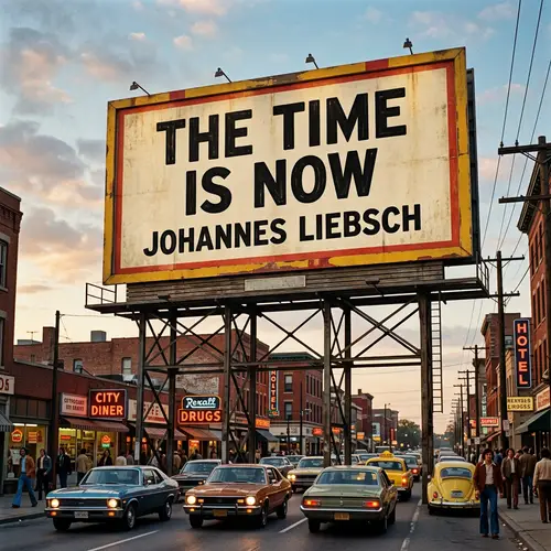 Retro-Style Advertising Billboard with 'The Time Is Now - Johannes Liebsch'