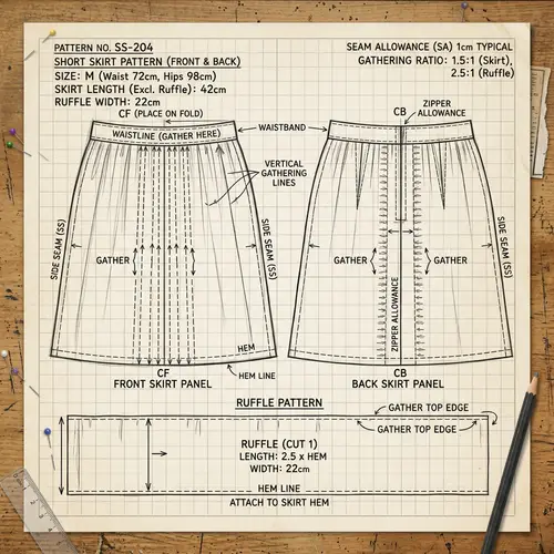 Short Skirt Pattern Design with Vertical Ruffles