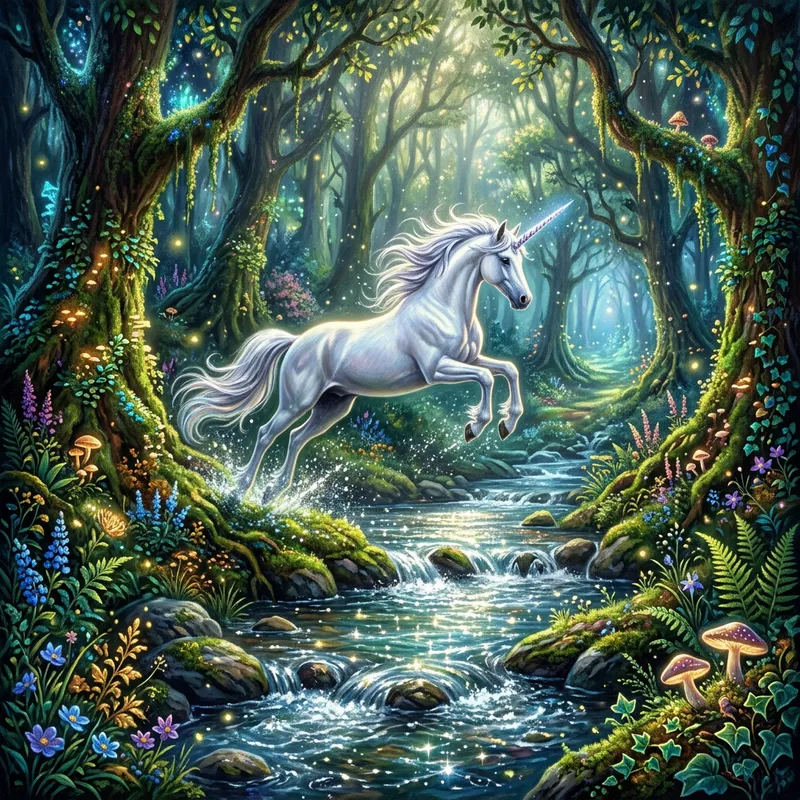 Magical Forest: Unicorn Leaping Over Stream - Enchanting Scene