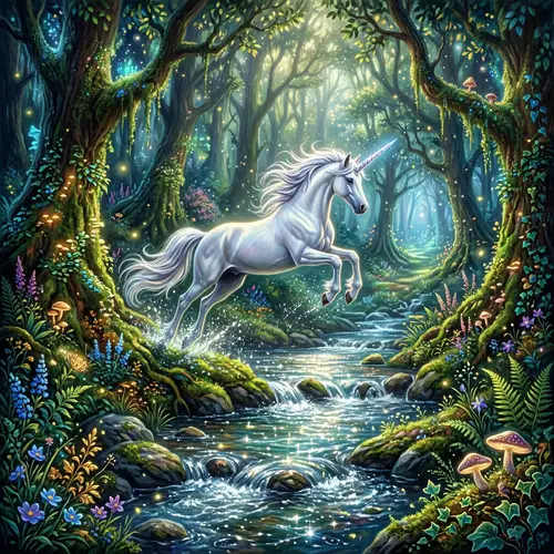 Mystical Forest Scene: Unicorn Leaping Over Stream