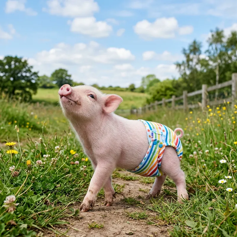 Cute Baby Piglet in Diaper Walking