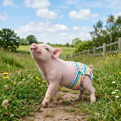 Adorable Baby Piglet in Colorful Diaper Walking Playfully