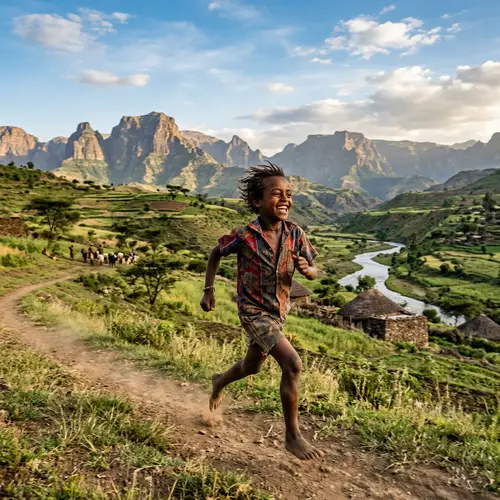 Ethiopian Boy Running in Picturesque Landscape | Youthful Exuberance