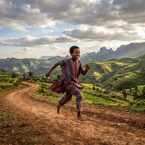 Joyful Ethiopian Boy Running in Beautiful Highlands | Expressive Moment