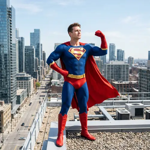 Heroic Superhero | Muscular Figure With Emblem | City Skyline Background