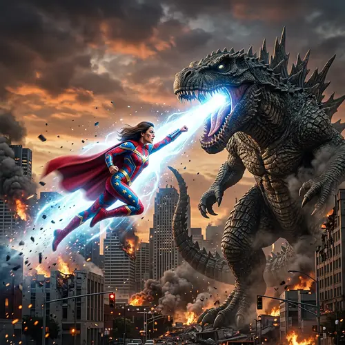 Superhero vs Godzilla Battle in City Skyline