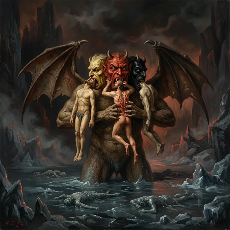 Lucifer Punishes Judas, Cassius, and Brutus in Hell Lucifer Punishes Judas, Cassius, and Brutus in Hell