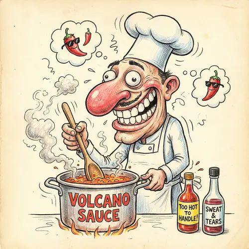 Fun Caricature of Cooking with Hot Sauce
