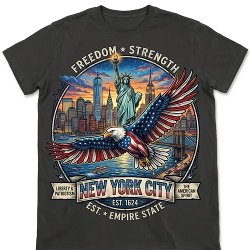 Vibrant NYC T-Shirt Design with Eagle & Liberty