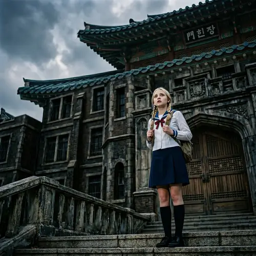 Blonde-Haired Korean Student Girl Looking Fearfully Upwards
