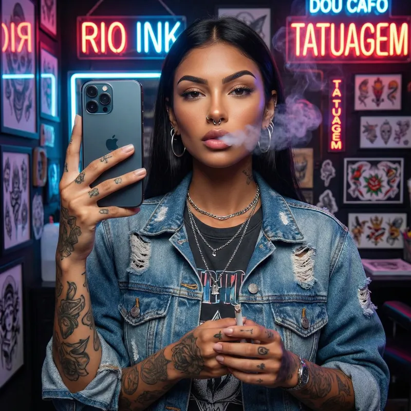 Chic Brazilian Beauty: Tattoo Parlor Selfie