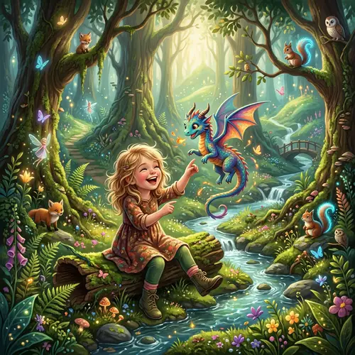 Young Girl and Pet Dragon Play in Mystical Forest - Fantasy Illustration