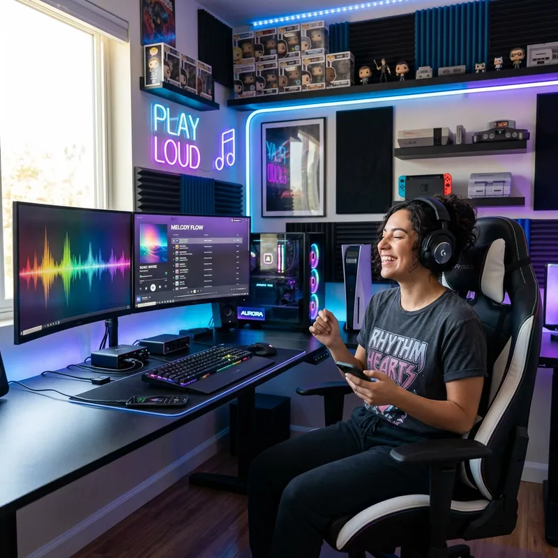 Enthusiastic Music Lover in Organized Gaming Room Enthusiastic Music Lover in Organized Gaming Room