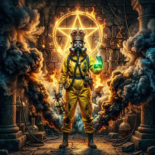 Vivid Scientist in Yellow Suit with Gas Mask and Crown
