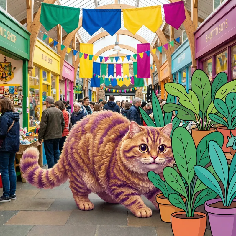 Plump and Plush Cat Frolicking at Vibrant Shopping Mall