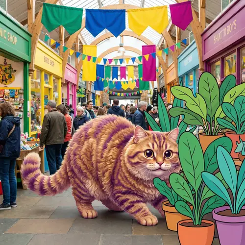 Plush Cat Sneaking into Colorful Mall | Playful Feline Pose