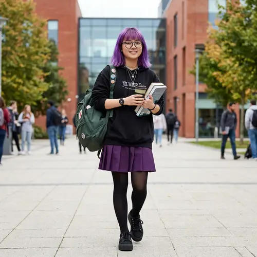 Asian Student with Purple Hair in Urban Style | Modern Fashion Look