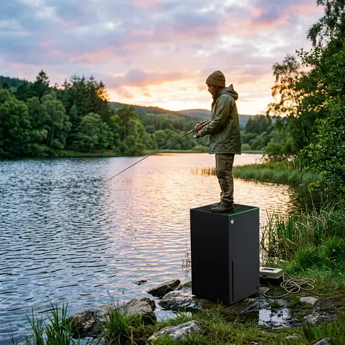 Unique Fisherman Fishing on Game Console by Water | Sunset Sky