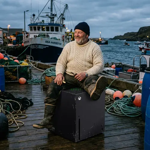 Caucasian Fisherman on Electronic Box - Light-hearted Humor