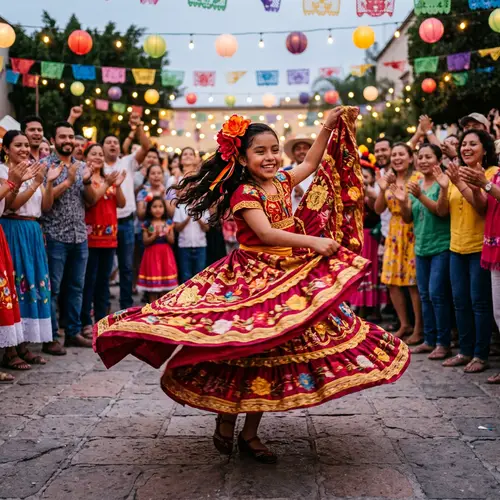 Hispanic Girl Dancing in Colorful Traditional Outfit