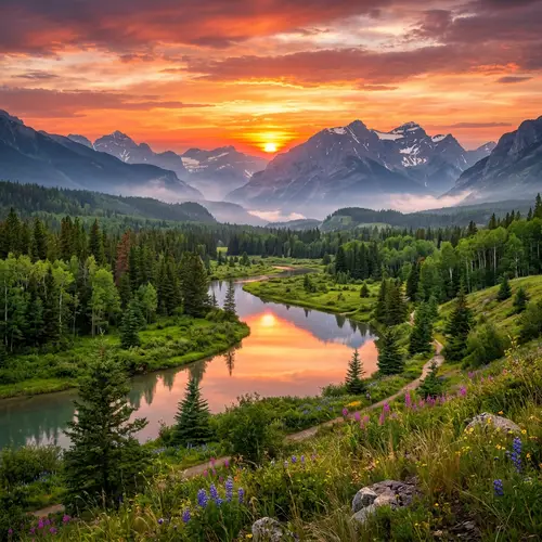 Spectacular Natural Landscape at Sunset | Tranquil River & Mountains