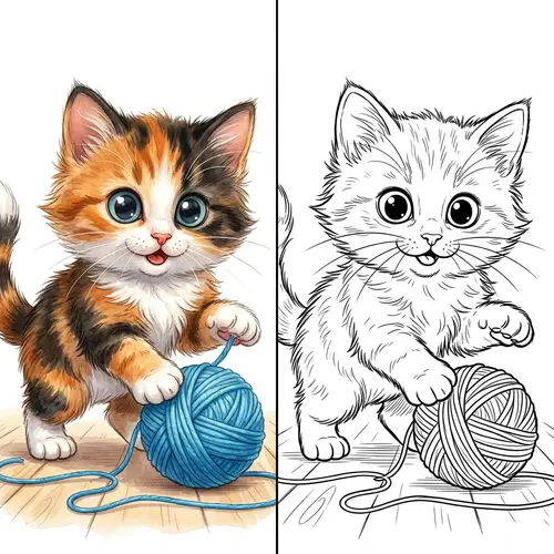 Playful Kitten Illustration - Color and Outline